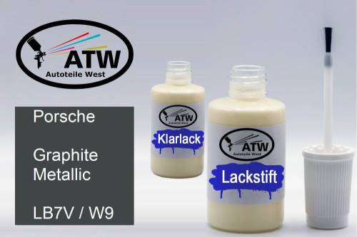 Porsche, Graphite Metallic, LB7V / W9: 20ml Lackstift + 20ml Klarlack - Set, von ATW Autoteile West.